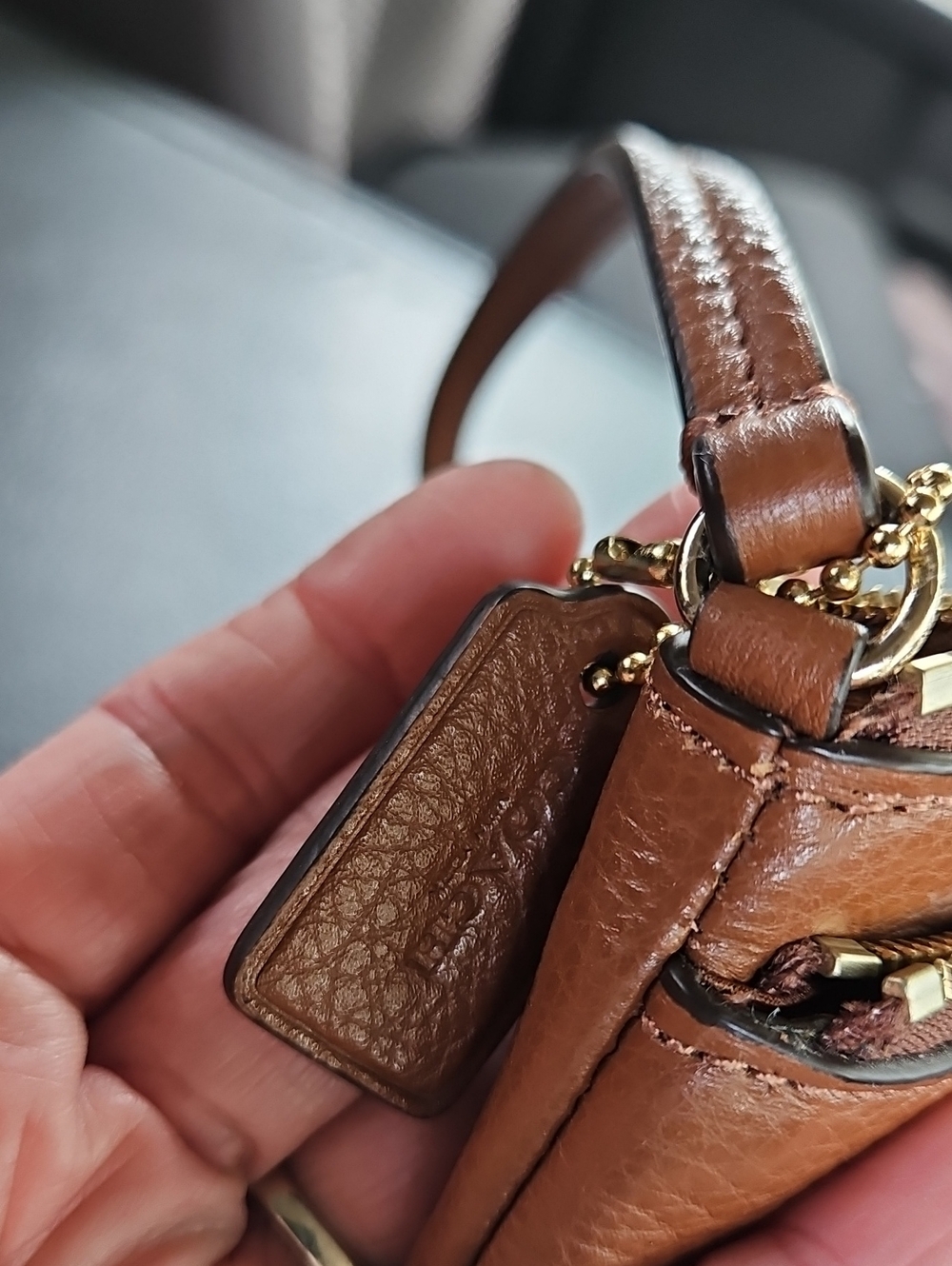 Coach Tan Pebbled Leather Double-Zip Wristlet with Gold Trim - Picture 9 of 12